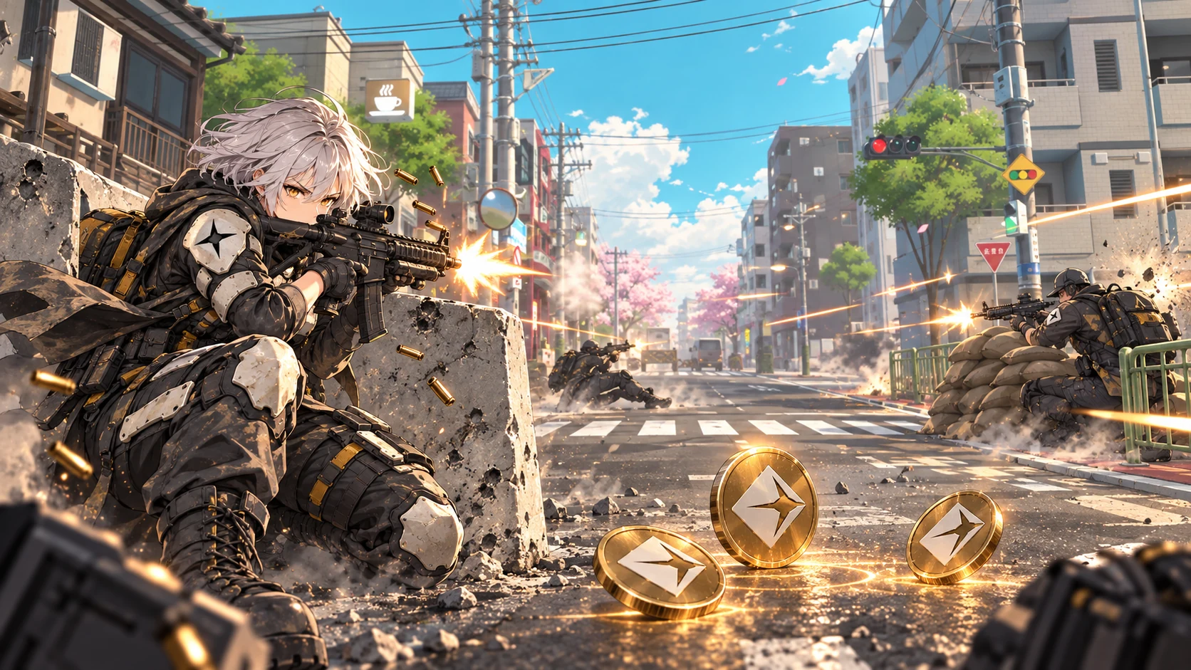 CERA concept art: anime operators exchange fire in Japanese streets among glowing CERA coins