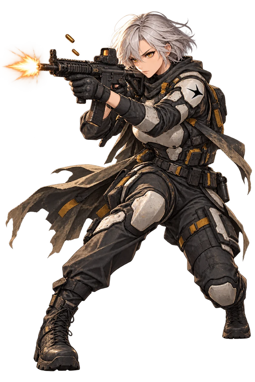 CERA anime operator firing a rifle, character concept illustration